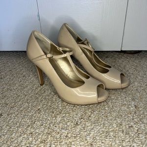 Audrey Brooke T-Strap Peep Toe Patent Leather Nude Heels